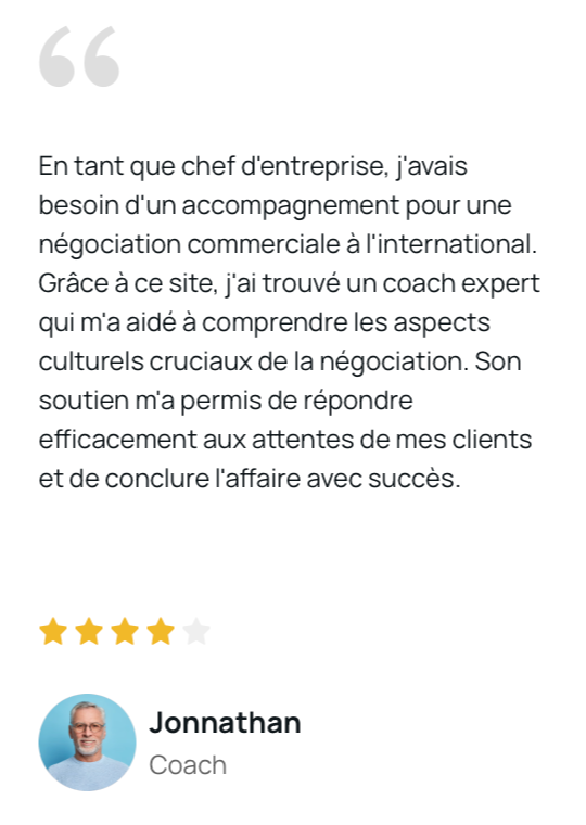 Jonathan, coach en entreprise a noté 4 sur 5 Eddwin comme une plateforme de référence de la formation : "En tant que chef d'entreprise, j'avais besoin d'un accompagnement pour une négociation commerciale à l'international..."